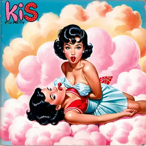 Prompt: 1950s Girl with black hair laying on a pink  cotton candy cloud on her stomach with her feet crossed up, blowing a kiss with her lips and mouth. Blue sky background.  She is in her birthday suit. Album cover. Title that says "Kiss Me".  Very nice pretty picture. Very elegant nice look.