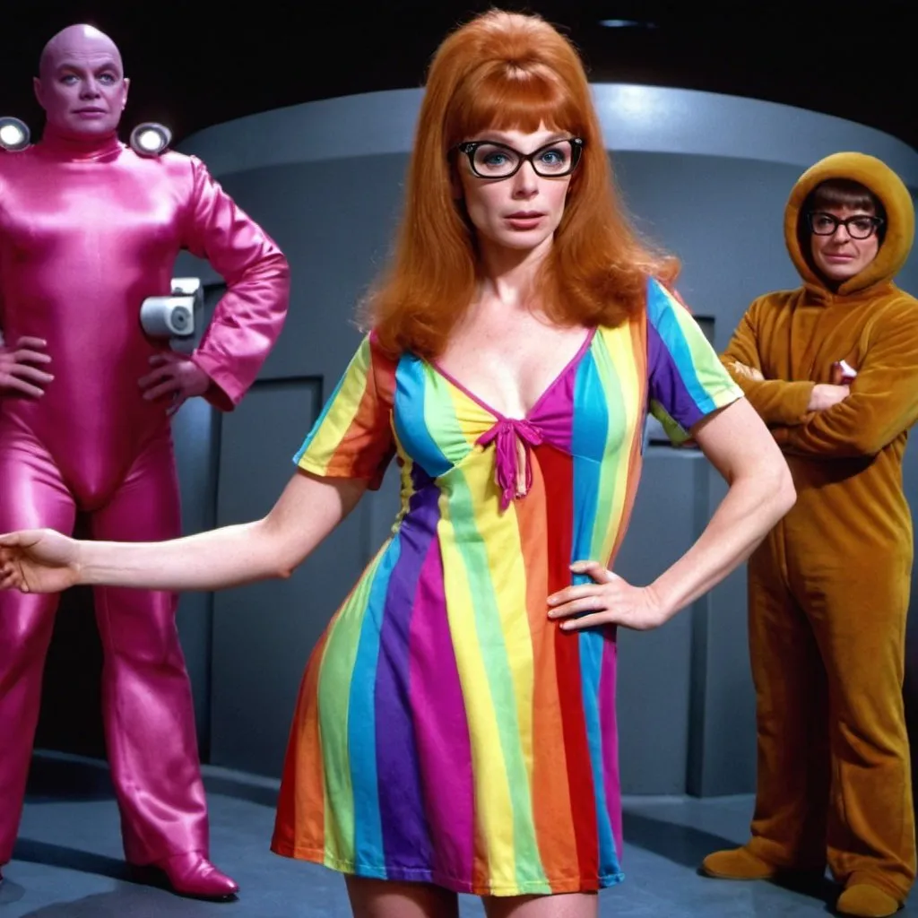 Prompt: FemBot from the Austin Powers movie wears rainbow color night gown dress.