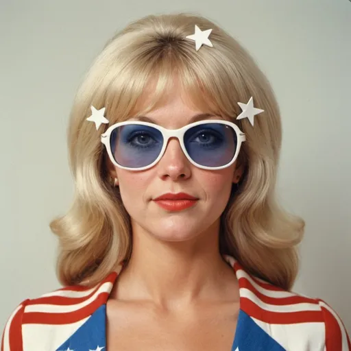 Prompt: American woman, blonde,70's style. American red white and blue  stars an stripes 