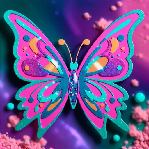 Prompt: Y2k Butterfly pink, purple, blue, teal.
Pink pixie dust sprinkle in the background.