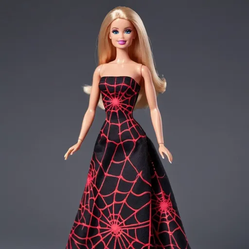 Prompt: Barbie wearing Black tube maxi Dress with Red metallic spider web design all over