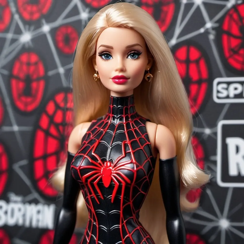 Prompt: Barbie wearing Black tube maxi Dress with Red metallic spider web design all over. Standing with Spider man.  Spider man Barbie kissing 