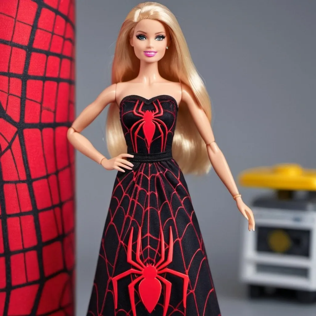 Prompt: Barbie wearing Black tube maxi Dress with Red metallic spider web design all over, standing with Spider man