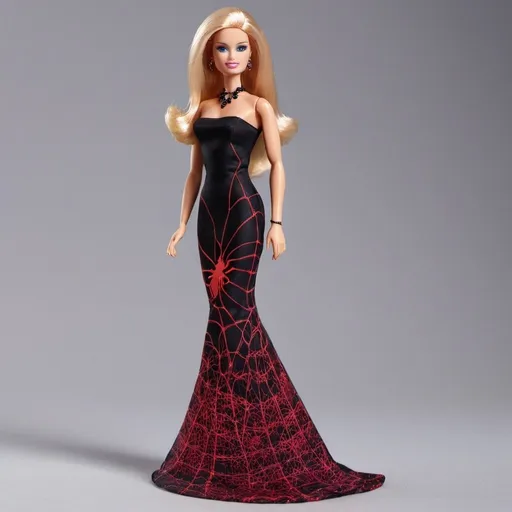 Prompt: Barbie wearing Black tube maxi Dress with Red metallic spider web design all over