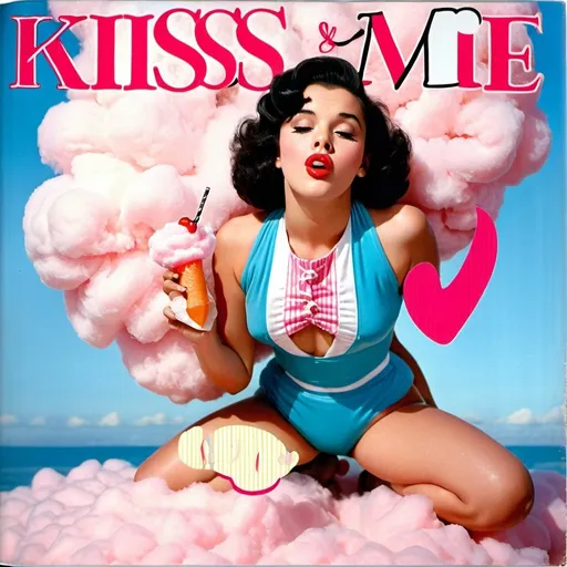 Prompt: 1950s Girl with black hair laying on a pink  cotton candy cloud on her stomach with her feet crossed up, blowing a kiss with her lips and mouth. Blue sky background.  She is wearing a thin peach color two piece bathing suit. Album cover. Title that says "Kiss Me".  Very nice pretty picture. Very elegant nice look.