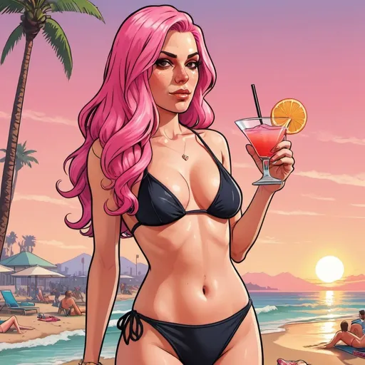 Prompt: GTA V cover art, long pink hair woman in two piece bathing suit on the beach at sunset drinking a cocktail, cartoon illustration.