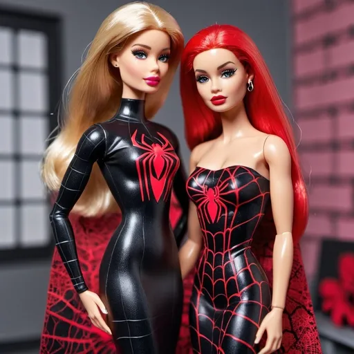 Prompt: Barbie wearing Black tube maxi Dress with Red metallic spider web design all over. Standing with Spider man.  Spider man Barbie kissing 