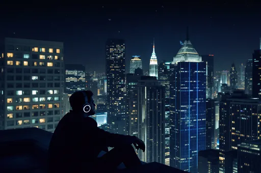 Prompt: Night in the city with many tall buildings. A man is listening to music with a headset on. The man is sitting on the corner of the roof of the building