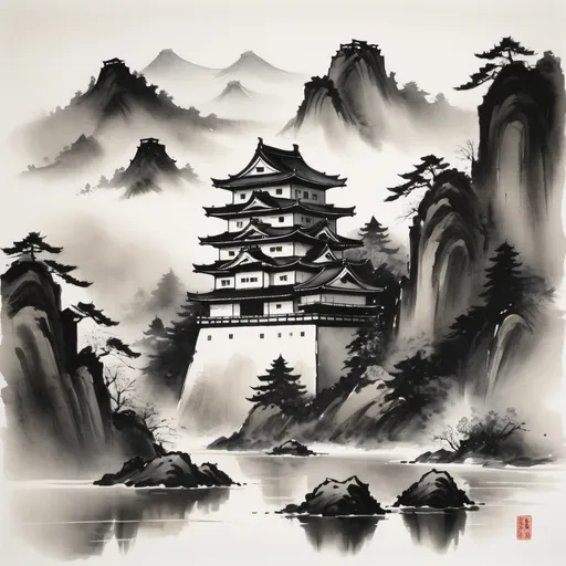 Prompt: A black and white Sumi-e style painting of an ancient japonese castle. The painting should use traditional Japanese ink wash techniques, with delicate and expressive brushstrokes that highlight the contours and textures of the castle. The background should be minimalistic, allowing the focus to remain on the camera, and there should be a sense of simplicity and elegance in the overall composition. The image should evoke a sense of calm and introspection, characteristic of traditional Sumi-e art.