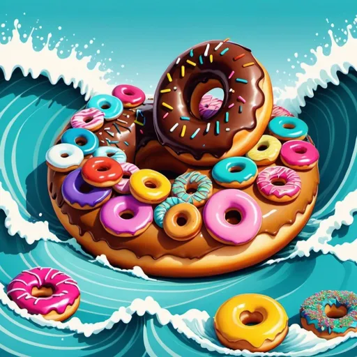 Prompt: Cartoon-style depiction of a donut tsunami, cheerful and vibrant, high quality, detailed icing, sugary sweetness, playful cartoon waves, vibrant colors, exaggerated motion, donut tsunami, cartoon style, cheerful, vibrant, detailed icing, sugary sweetness, playful waves, vibrant colors, exaggerated motion