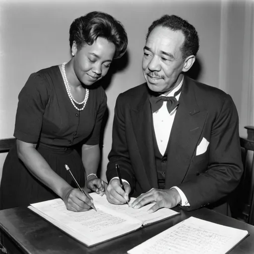 Prompt: generate an image width 933 pixels height 539 that has a bold title on it "Hold Fast Dreams" and large image of Lansgton Hughes and composer Margaret Bonds abovean image of Margaret Bonds signing her Credo to Langston Hughes
