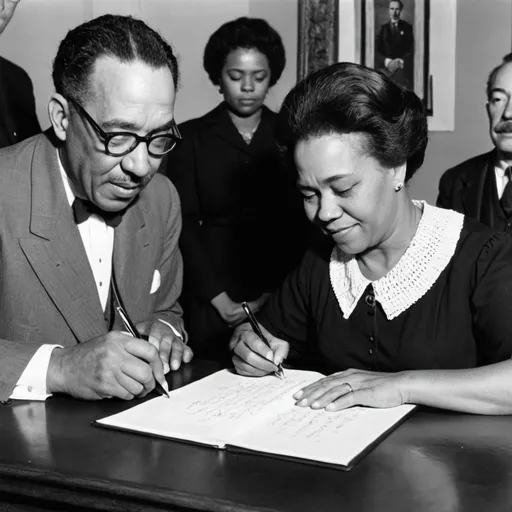 Prompt: generate an image width 933 pixels height 539 that has a bold title on it "Hold Fast Dreams" and large image of Lansgton Hughes and composer Margaret Bonds abovean image of Margaret Bonds signing her Credo to Langston Hughes
