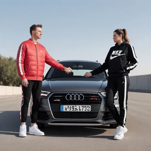 Prompt: Create an image with Tom and Angela holding hands next to an Audi, both dressed in Nike apparel with Jordan 1 sneakers, in 3D.