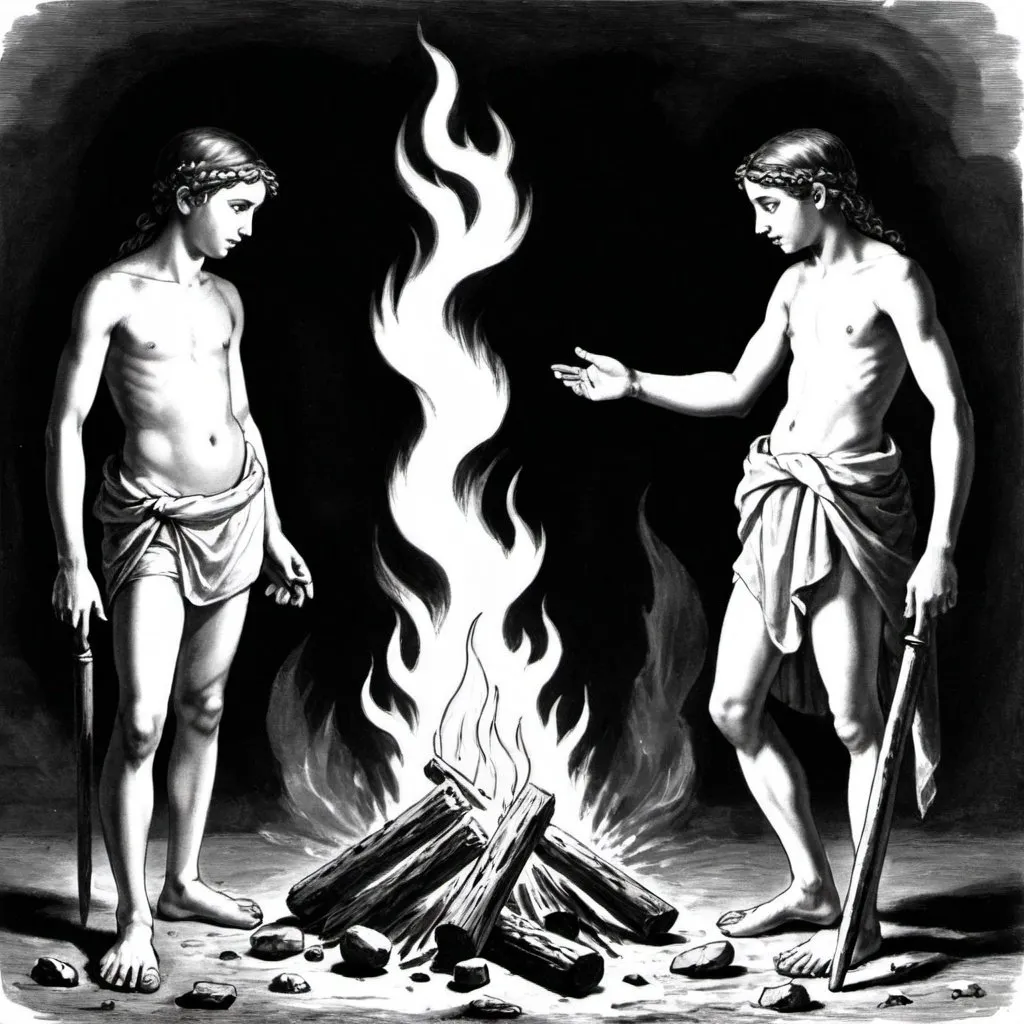 Prompt: DIBUJO DE 2 JOVENES DEL AÑO 1600 A.C QUE LLEVAN LAMPARAS EN SU MANO Y VEN EL FUEGO
