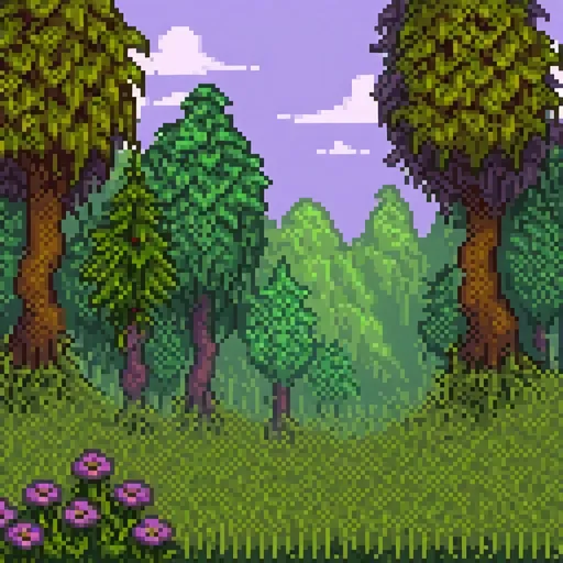 Prompt: Make a landscape with medium-height brownish-green grass, large purple flowers with tall stems, and tall trees in the distance.