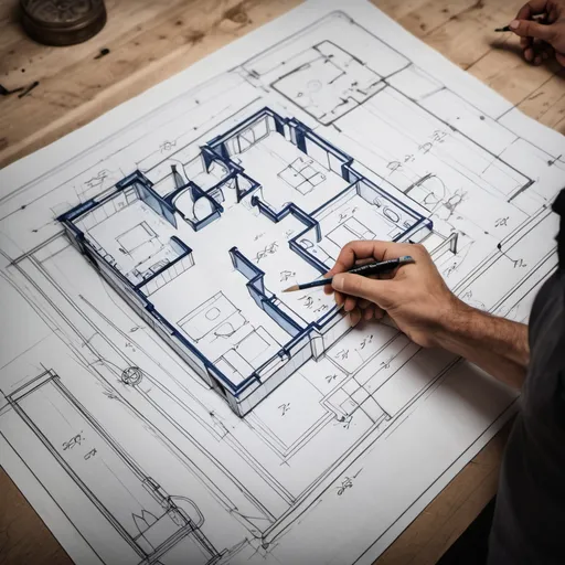 Prompt: a person holding a blueprint of a house plan in their hand, with the floor plan drawn out, Bouchta El Hayani, arbeitsrat für kunst, blueprint, a detailed drawing