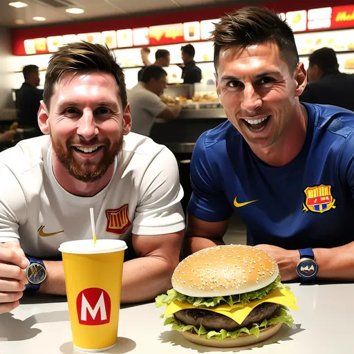 Prompt: Messi and Ronaldo eating burgers at McDonald's