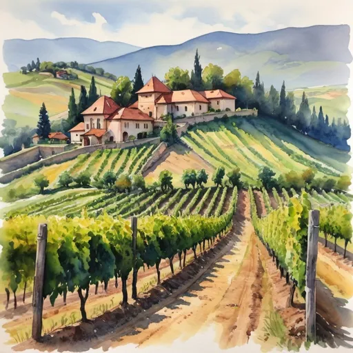 Prompt: Romanian vineyard watercolor painting