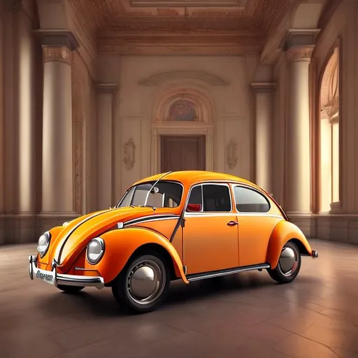 Prompt: beautiful architecture building design with realistic classic volkswagen bettle with red,orange, green colors 32k resolution, multicolor , hyperrealistic, 3d render