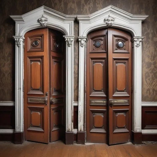 Prompt: Create an image of two different doors inside a run-down victorian mansion