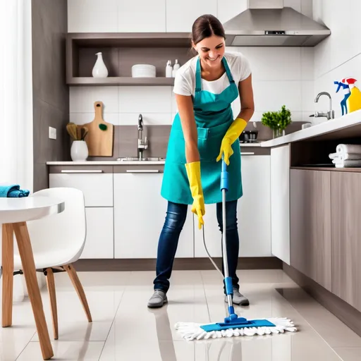 Prompt: 
1. Home Cleaning Multiservice:

    Descripción: Representar un servicio de limpieza del hogar completo.
    Visuales: Una casa moderna y bien cuidada, mostrando diferentes áreas limpias (sala, cocina, baño). Incorporar íconos o elementos que representen el multiservicio: trapeadores, aspiradoras, paños, productos de limpieza. La casa debe verse ordenada, iluminada y acogedora.
    Colores sugeridos: Azul claro y blanco, que den sensación de limpieza y frescura.
    Texto en la imagen: "Home Cleaning Multiservice - ¡La limpieza que tu hogar merece!"