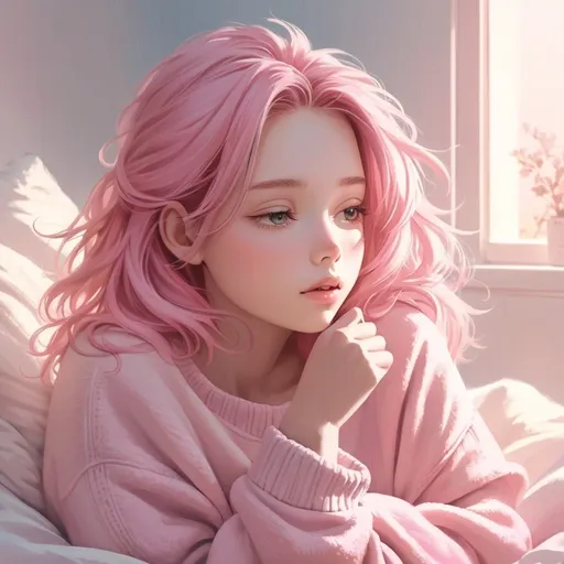 Prompt: Beautiful girl with pink hair in a cozy, plush pink sweater, just waking up, soft pastel colors, high quality, digital painting, dreamy atmosphere, tousled hair, gentle morning light, comfortable, peaceful, pastel colors, soft lighting