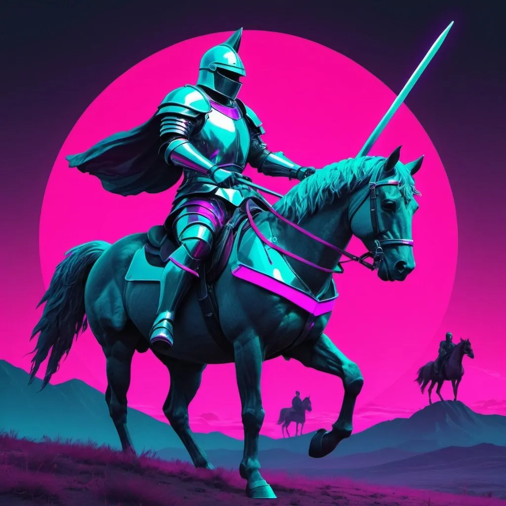 Prompt: Synthwave knight holding a spear riding a horse