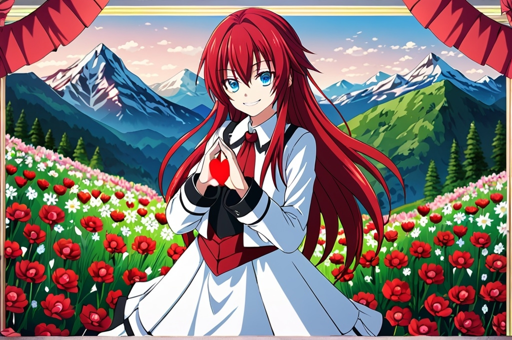 Prompt: Rias Gremory, blue eyes, red hair, long hair, smile, full body, mountain, flowers, heart hands