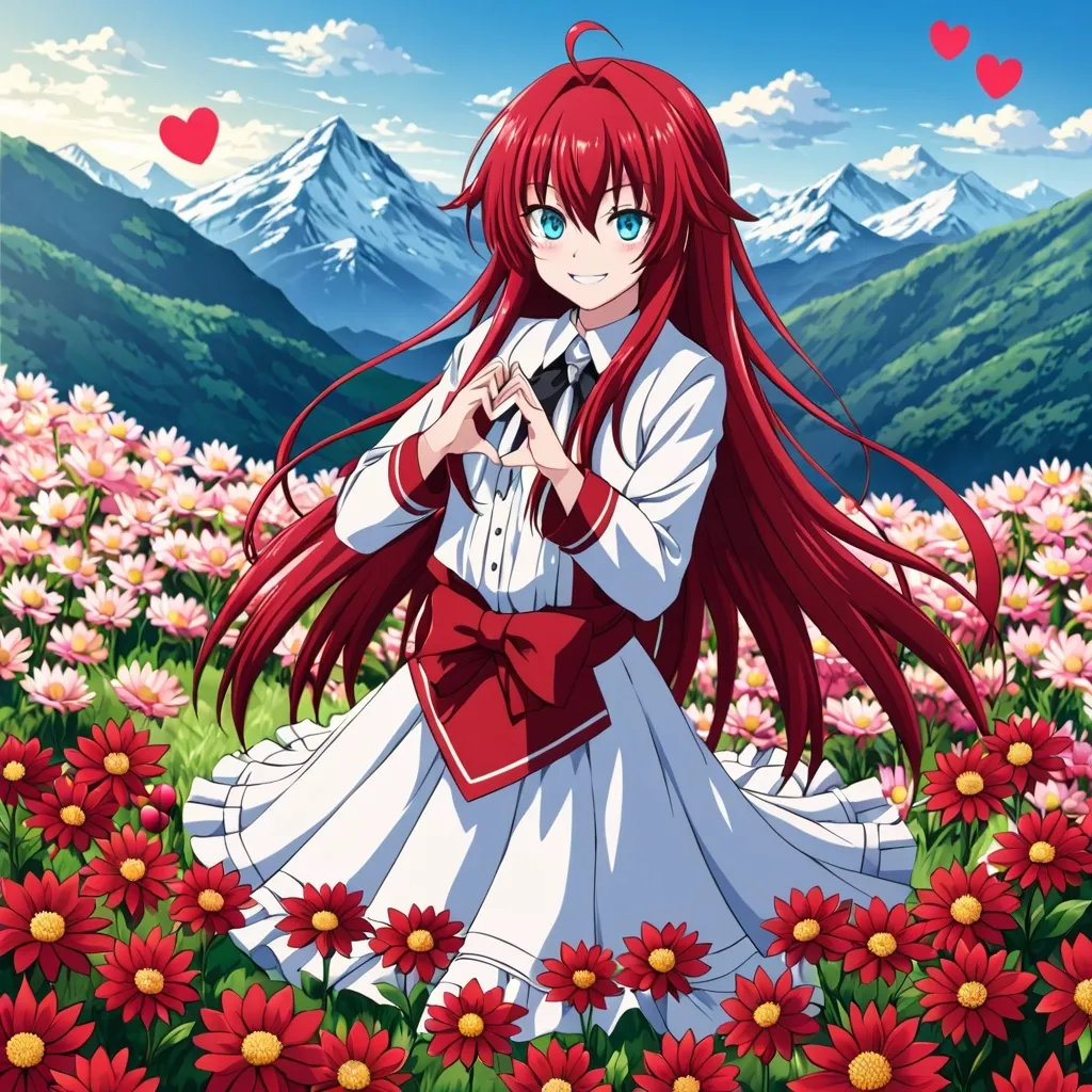 Prompt: Rias Gremory, blue eyes, red hair, long hair, smile, full body, mountain, flowers, heart hands