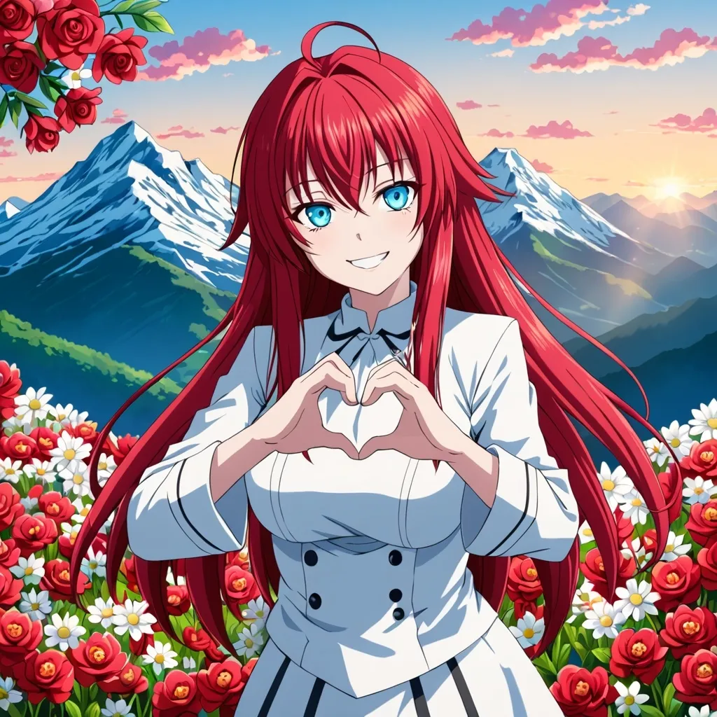 Prompt: Rias Gremory, blue eyes, red hair, long hair, smile, full body, mountain, flowers, heart hands