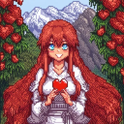 Prompt: Rias Gremory, blue eyes, red hair, long hair, smile, full body, mountain, flowers, heart hands