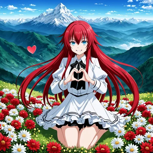 Prompt: Rias Gremory, blue eyes, red hair, long hair, smile, full body, mountain, flowers, heart hands