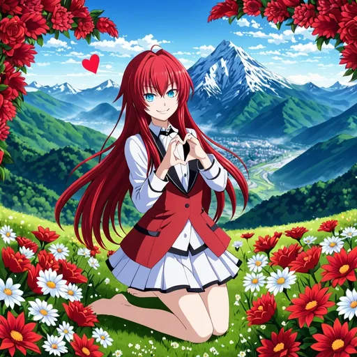 Prompt: Rias Gremory, blue eyes, red hair, long hair, smile, full body, mountain, flowers, heart hands