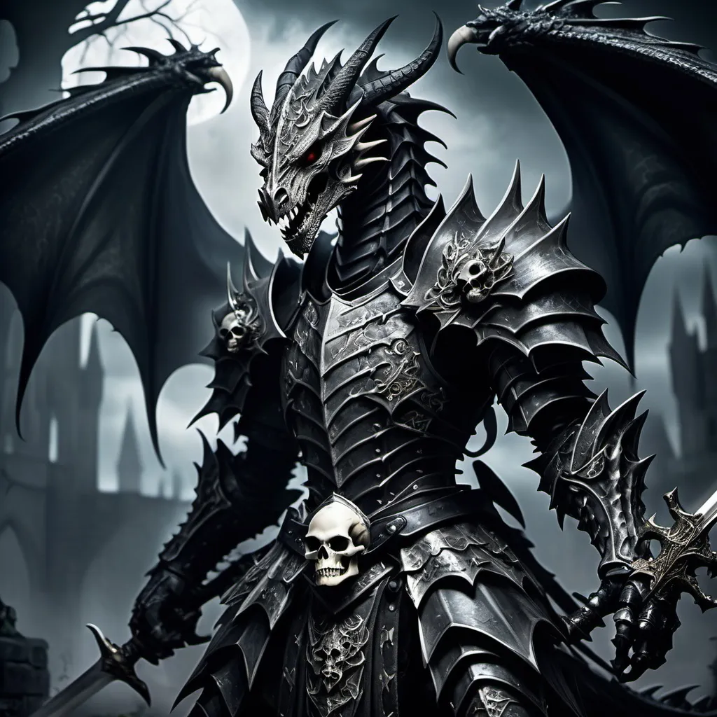 Prompt: (gothic bone dragon knight), wielding a sword made of dragon bones, dark fantasy, dramatic shadows, intricate armor adorned with skull motifs, eerie mist surrounds the scene, foreboding atmosphere, dimly lit environment with hints of moonlight filtering through, epic and cinematic, powerful presence, ultra-detailed design.