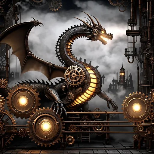 Prompt: (steampunk mechanical dragon), intricate gears and cogs, (dark fantasy atmosphere), metallic textures, glowing lights, a backdrop of a gloomy, industrial landscape, billowing steam, (mysterious aura), high detail, (4K), dramatic shadows, deep shades of gray and bronze, swirling mist surrounding the dragon, blending technology and fantasy in a mesmerizing design.