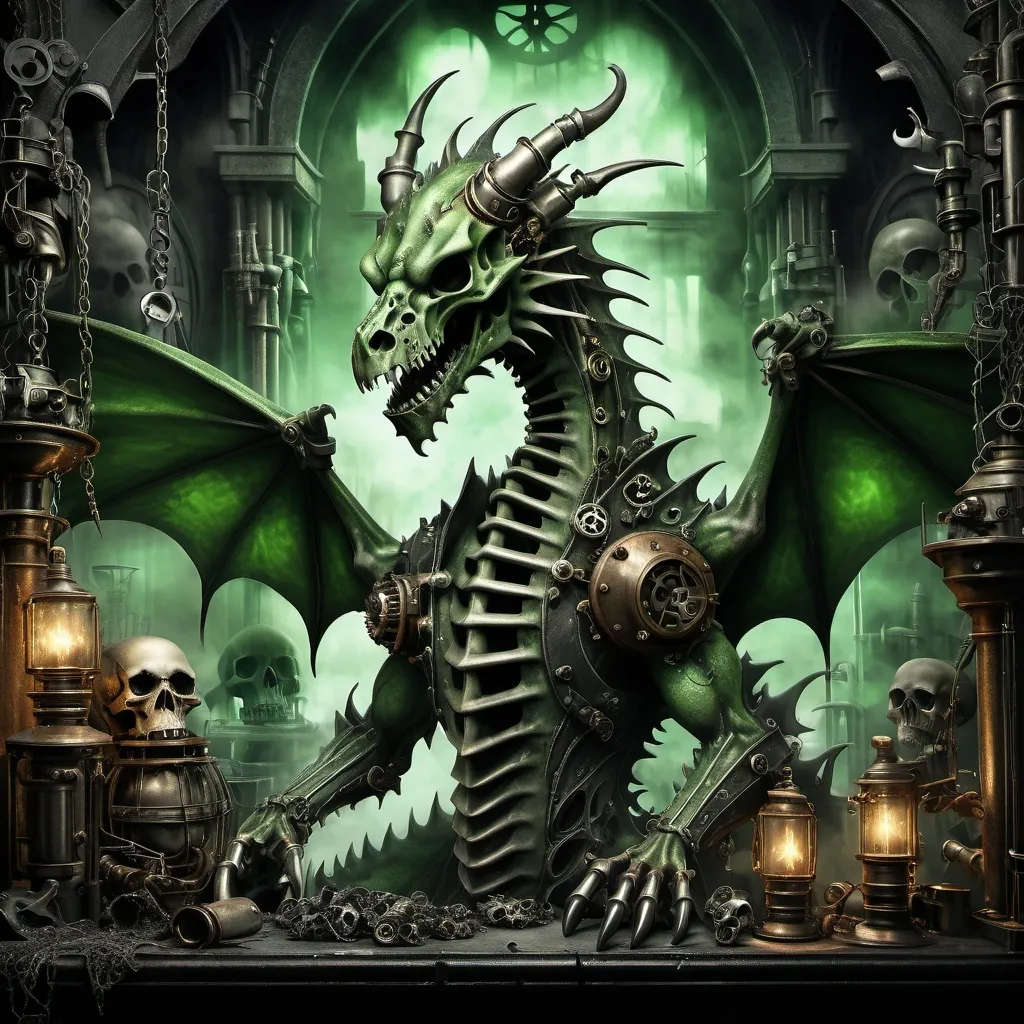 Prompt: (tapestry of dark fantasy) toxic waste, (steampunk-inspired) bone dragon, intricate details of skulls, gothic atmosphere, moody lighting with eerie green and smoky gray tones, jagged mechanical elements, steam rising in the background, worn metallic textures, captivating yet grim ambiance, ultra-detailed, high quality, enchanting and ominous setting.