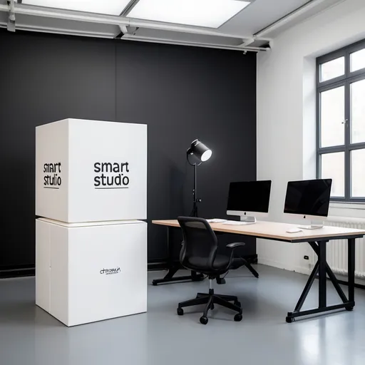 Prompt: a studio named smart studio with a chromaky box and white box and black box