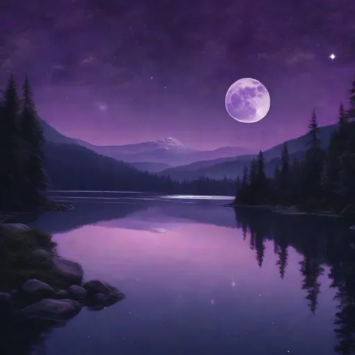 Prompt: Scenic moonlit landscape with calm lake, dense forest, and majestic mountains, full moon illuminating the purple-toned night sky, star-studded canopy, subtle reflections in the water, serene and romantic ambiance, no humans, natural and untouched, outdoor, moonlit, full moon, landscape, mountain, forest, lake, nature, water, starry sky, night, purple shade, reflection, tranquil, romantic, serene atmosphere, purple shade, add a lot of trees