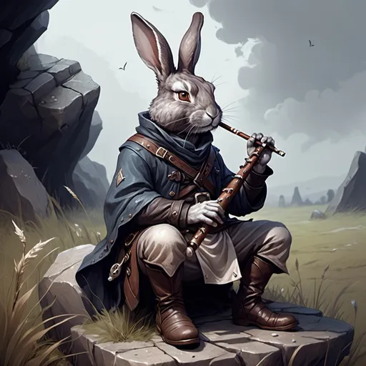 Prompt: Dark haired Rabbit bard with a flute  and with dagger stored in his left boot, sitting on stone in field , fantasy character art, illustration, dnd, cold and grim tone