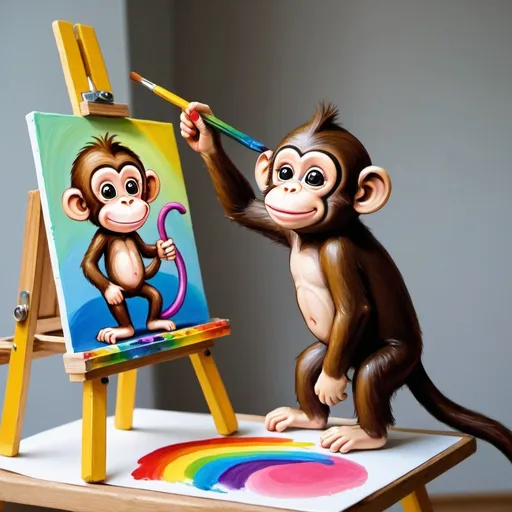 Prompt: A cute monkey with a rainbow coloured dungaree painting another monkey on a easel.