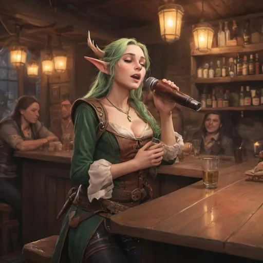 Prompt: A drunk female elf bard at a bar drinking and singing
