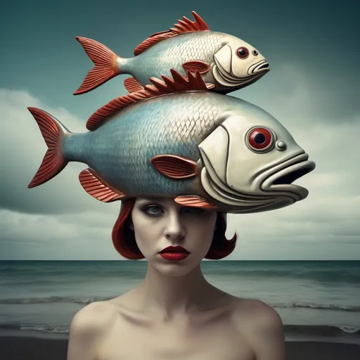 Prompt: a woman with a fish mask on her head and a fish on her head, and a fish on her head, Dirk Crabeth, pop surrealism, surreal photography, a surrealist sculpture