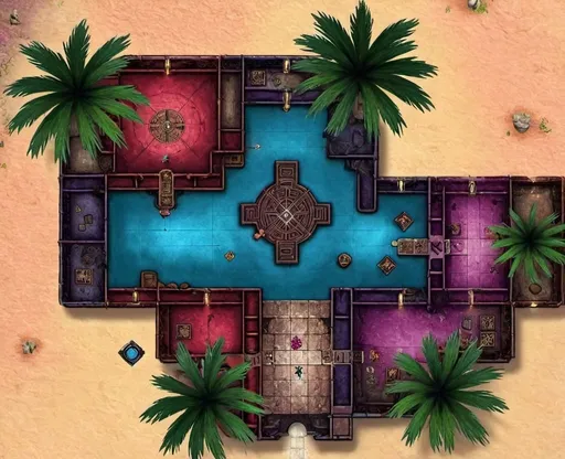 Prompt: Create a lush, verdant oasis hidden in the desert. The map should feature a central pool of crystal-clear water surrounded by tall palm trees and vibrant flowers. Include guardian spirits, ethereal beings that float above the ground, protecting the oasis. Add a few rival collectors hiding in the foliage, ready to ambush the party. Highlight ancient runes glowing softly on the rocks around the oasis, indicating its magical nature. the map should be suitable for a tabletop RPG