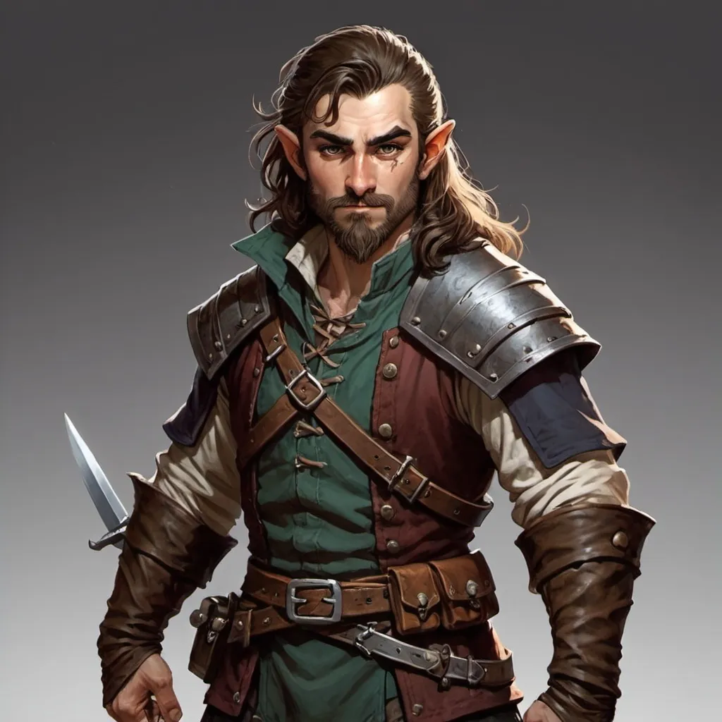 Prompt: A male d&d lightfoot halfling rogue thief with beard, long hair, shortsword, and dagger. Who likes to ask questions and has a more severe look. 