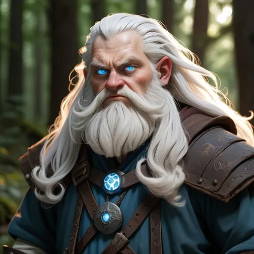 Prompt: supernatural hill dwarf cleric male 5'2" white hair blue eyes 295 years old 165 pounds evil in a forest town covered in holy light