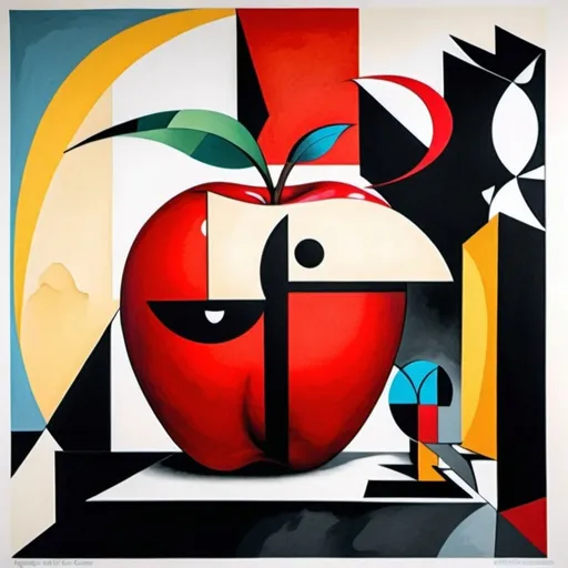 Prompt: Imagine of Clifton apple center with big bang only red and black with angel half face from bottom swallow cubism