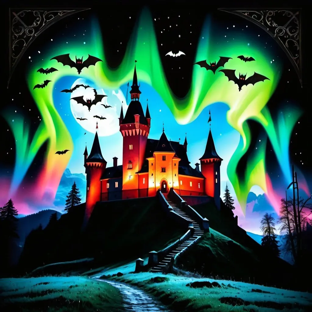 Prompt: Photo realistic Transylvania landscape castle with bats and northern lights