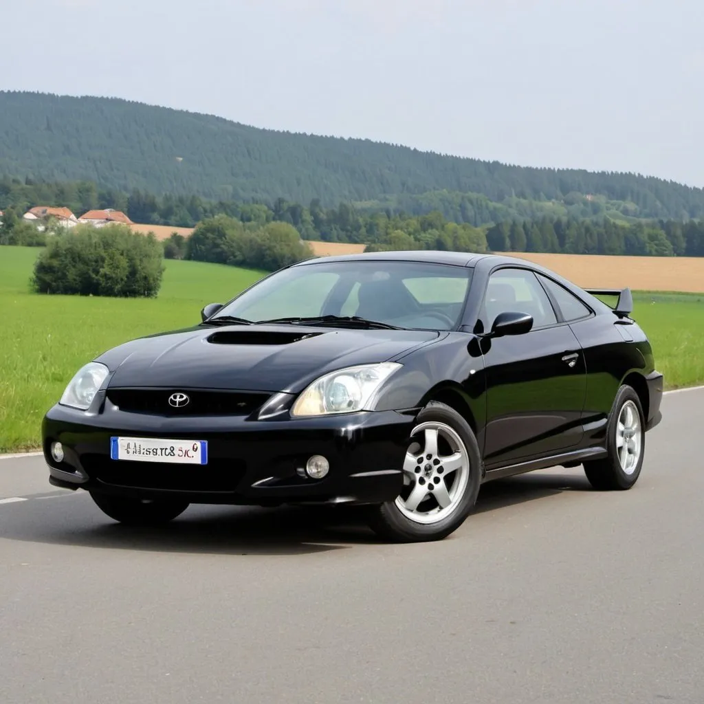 Prompt: schwarzer Toyota Celica t23 baujahr 2000, mit felgen farbe Hexadezimal 8332AC, 