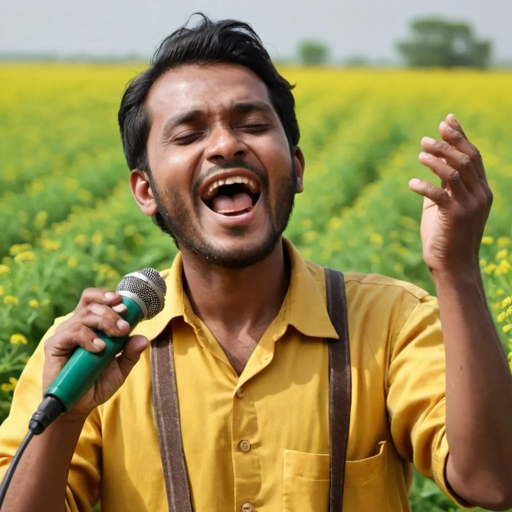 Prompt: A man singing a song he is happy and healthy the man use mustard oil for cooking
