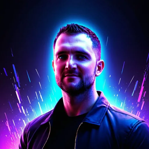 Prompt: need an avatar for gaming streaming platforms based on a photo of my face. this is a dark background and stylish neon lines of violet blue spectrum to create a spectacular avatar